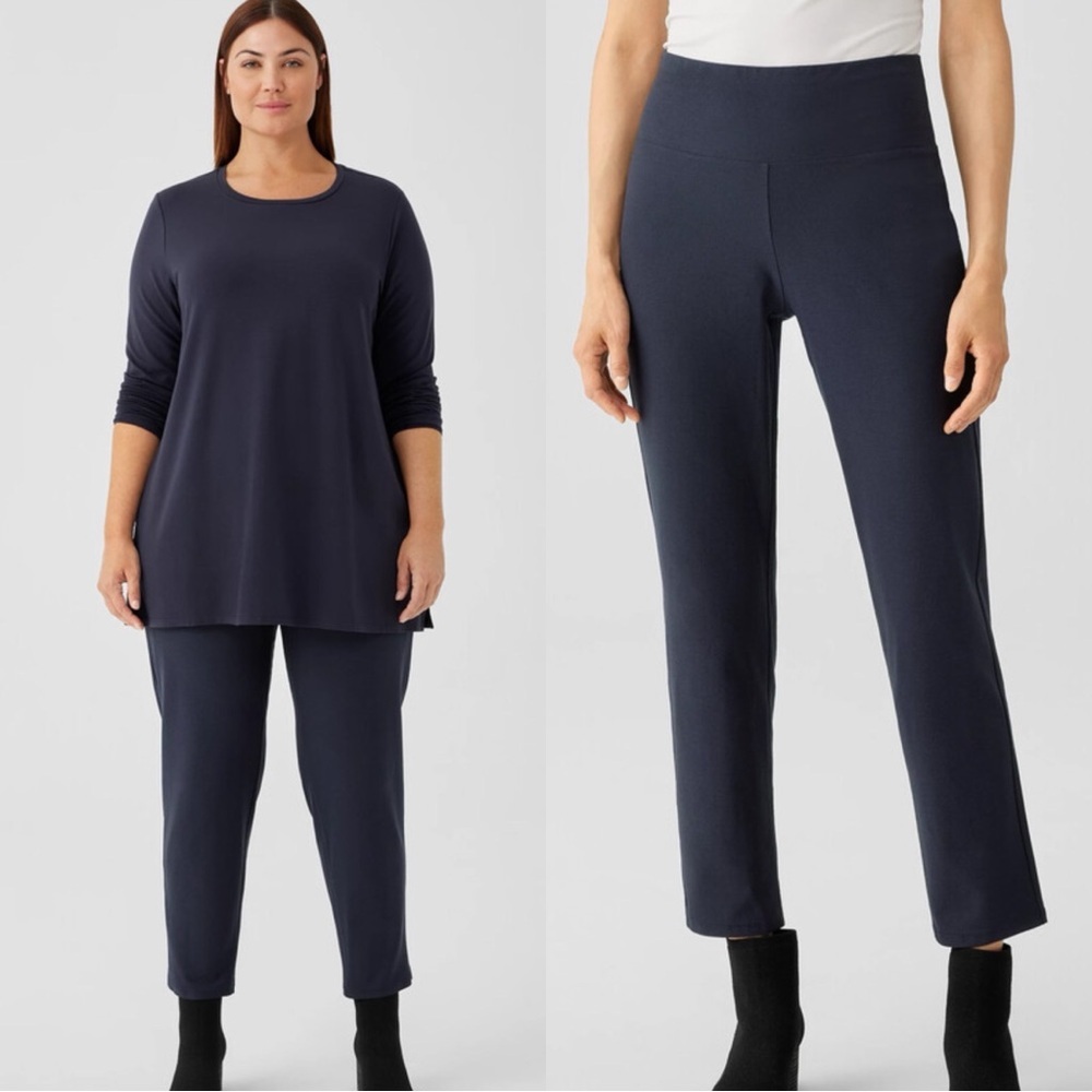 EILEEN FISHER Washable Stretch Crepe High Waisted Knit Navy Pants Trousers